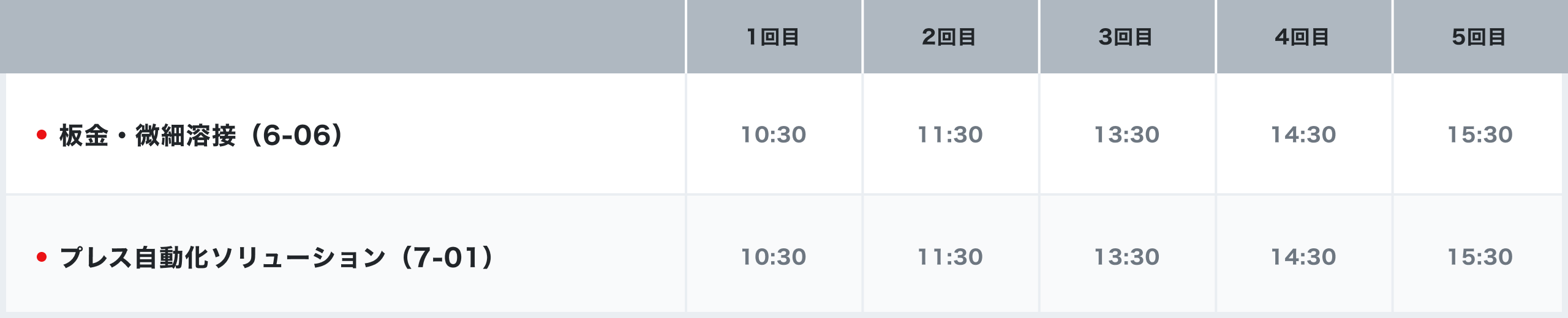 板金・微細溶接（6-06）：10:30 11:30 13:30 14:30 15:30 | プレス自動化ソリューション（7-01）：10:30 11:30 13:30 14:30 15:30